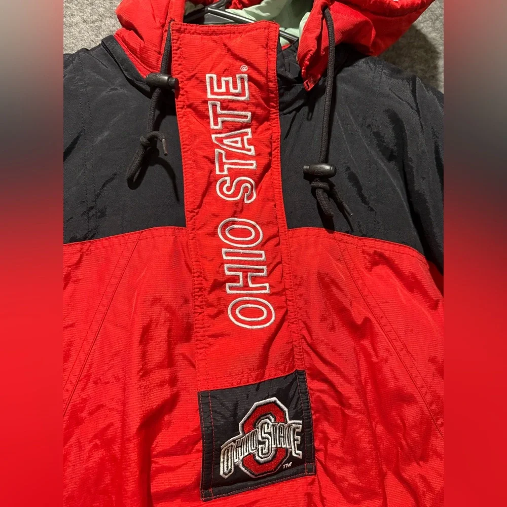 Ohio State Vtg Starter Jacket Coat Mens L red windbreaker lined hooded 1/2 zip
